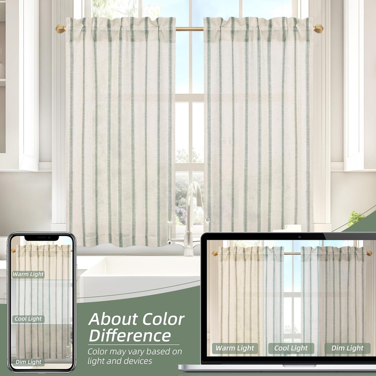 imageDriftAway Kitchen Tier Curtains Striped Linen Short Pinstripe Cafe Curtains 36 Inch Length for Living Room Bathroom Chris Farmhouse Rustic Rod Pocket 2 Panels Loden GreenFarmhouse Loden Green