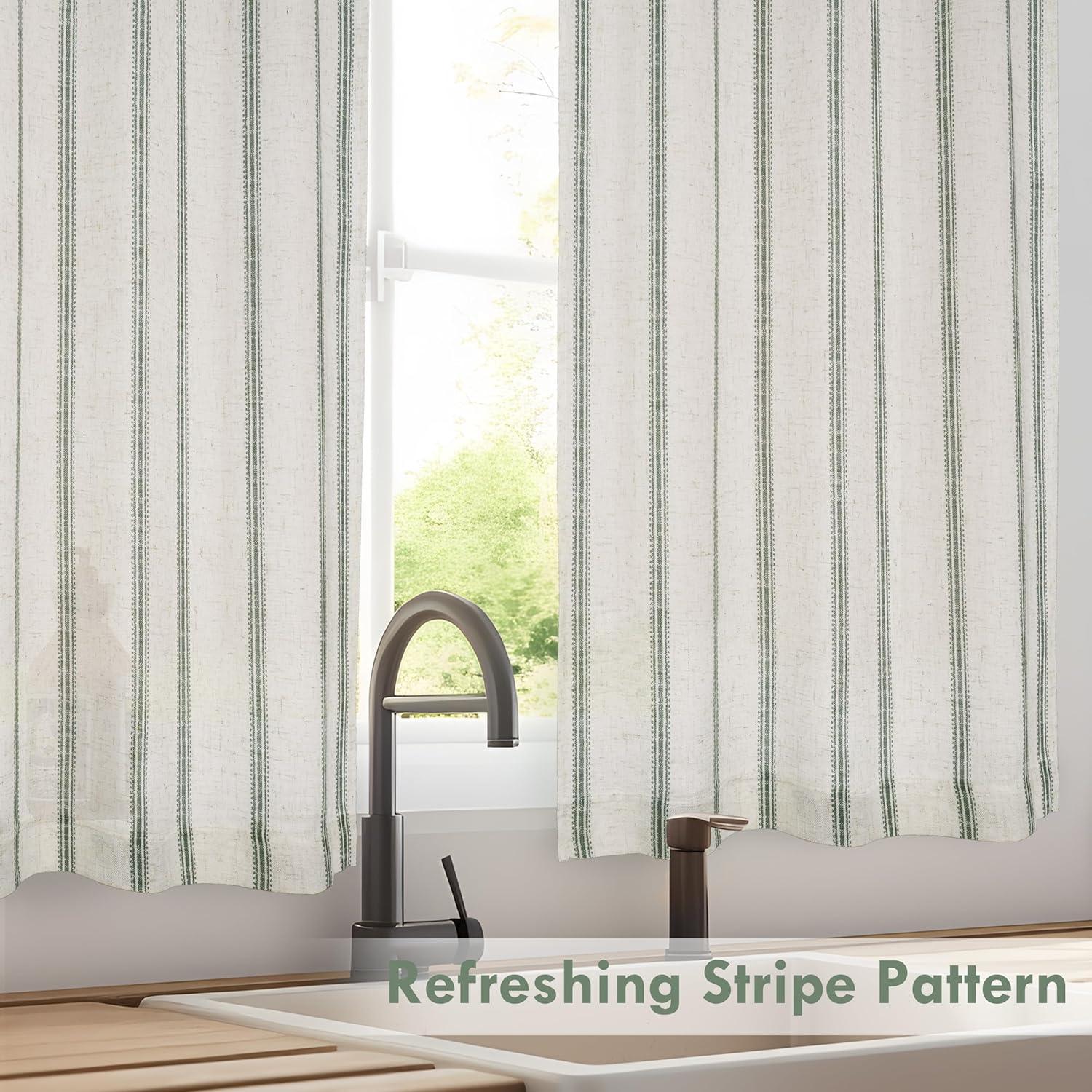 imageDriftAway Kitchen Tier Curtains Striped Linen Short Pinstripe Cafe Curtains 36 Inch Length for Living Room Bathroom Chris Farmhouse Rustic Rod Pocket 2 Panels Loden GreenFarmhouse Loden Green