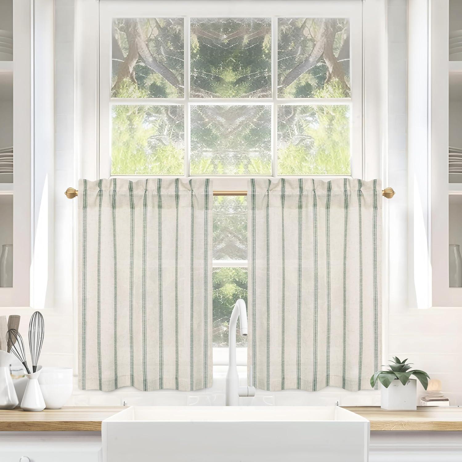 imageDriftAway Kitchen Tier Curtains Striped Linen Short Pinstripe Cafe Curtains 36 Inch Length for Living Room Bathroom Chris Farmhouse Rustic Rod Pocket 2 Panels Loden GreenFarmhouse Loden Green
