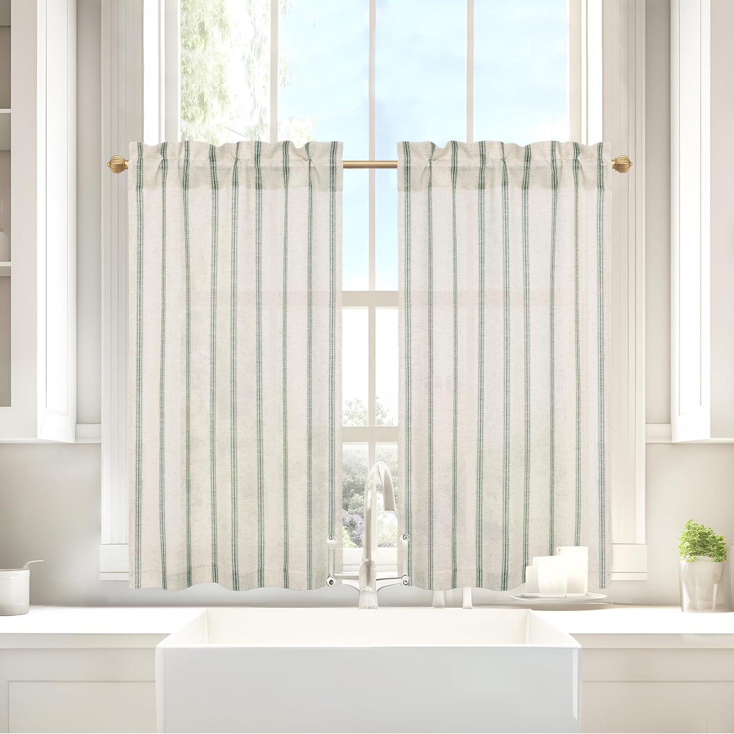 imageDriftAway Kitchen Tier Curtains Striped Linen Short Pinstripe Cafe Curtains 36 Inch Length for Living Room Bathroom Chris Farmhouse Rustic Rod Pocket 2 Panels Loden GreenFarmhouse Loden Green