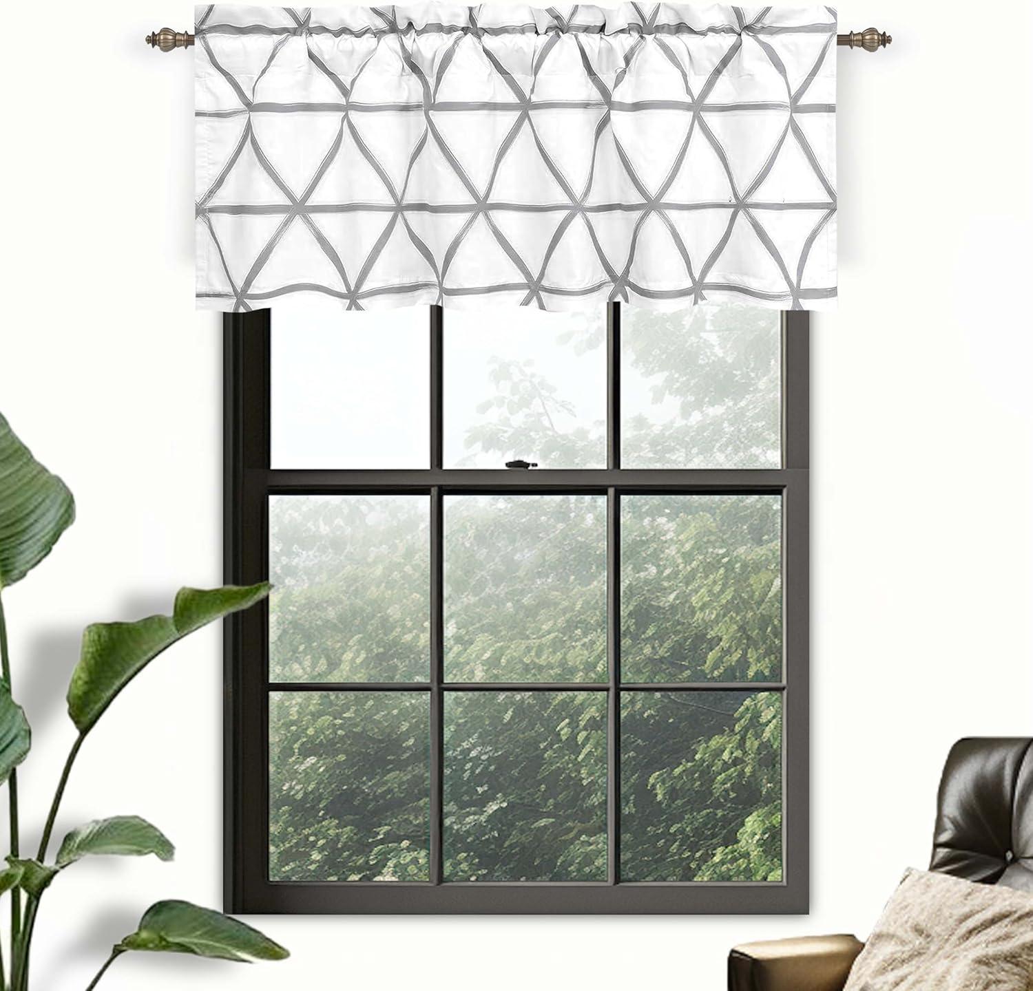 imageDriftAway Raymond Geometric Triangle Trellis Pattern Lined Thermal Insulated Energy Saving Window Curtain Valance for Living Room 2 Layers 52 Inch by 18 Inch Plus 2 Inch Header Gray and WhiteGrey