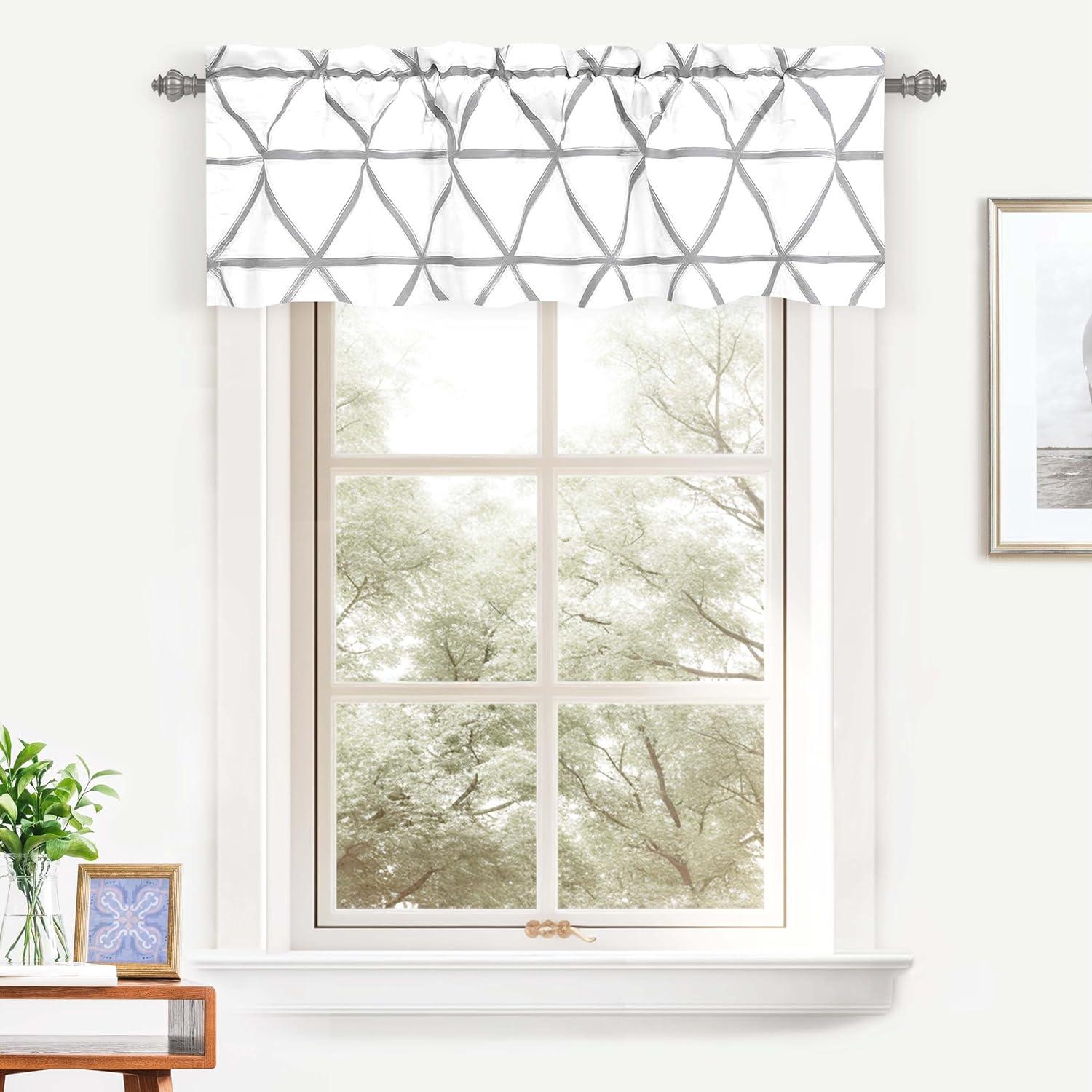 imageDriftAway Raymond Geometric Triangle Trellis Pattern Lined Thermal Insulated Energy Saving Window Curtain Valance for Living Room 2 Layers 52 Inch by 18 Inch Plus 2 Inch Header Gray and WhiteGrey