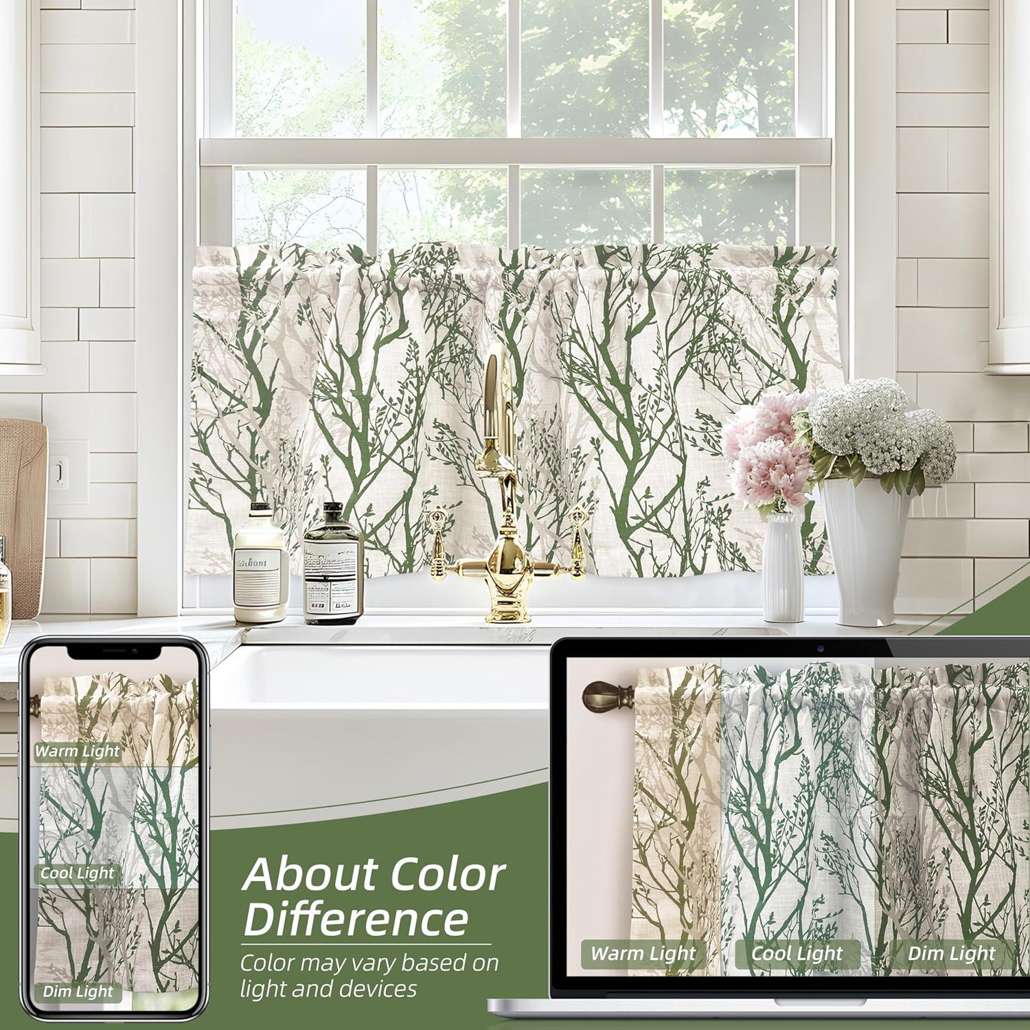 imageDriftAway Tree Branch Linen Lined Valance Double Layer Thermal Insulated Room Darkening Blackout Valances 3 Inch Rod Pocket Short Window Valance for Living Room Bathroom 52 Inch by 14 Inch BlueLoden Green