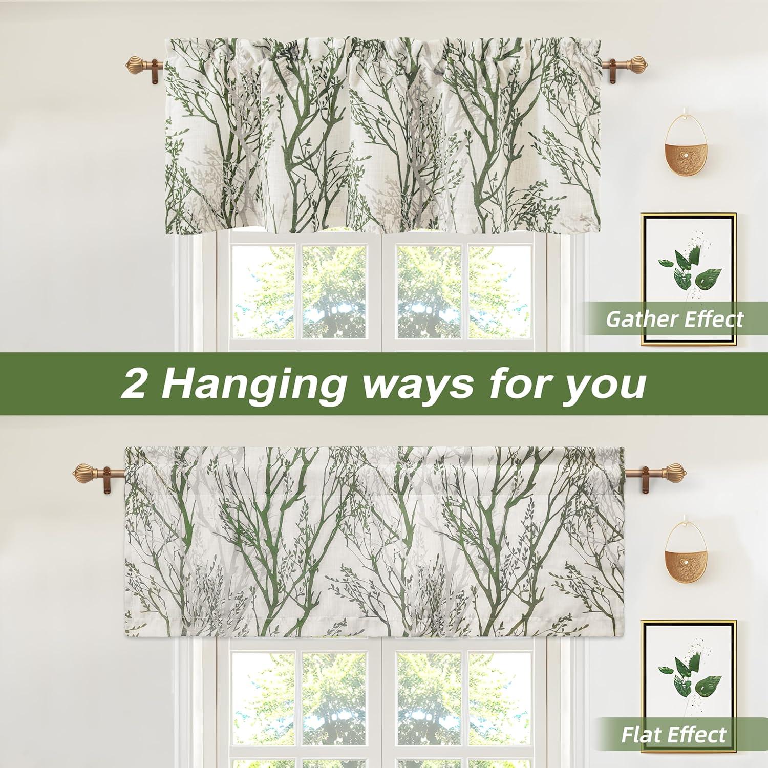 imageDriftAway Tree Branch Linen Lined Valance Double Layer Thermal Insulated Room Darkening Blackout Valances 3 Inch Rod Pocket Short Window Valance for Living Room Bathroom 52 Inch by 14 Inch BlueLoden Green