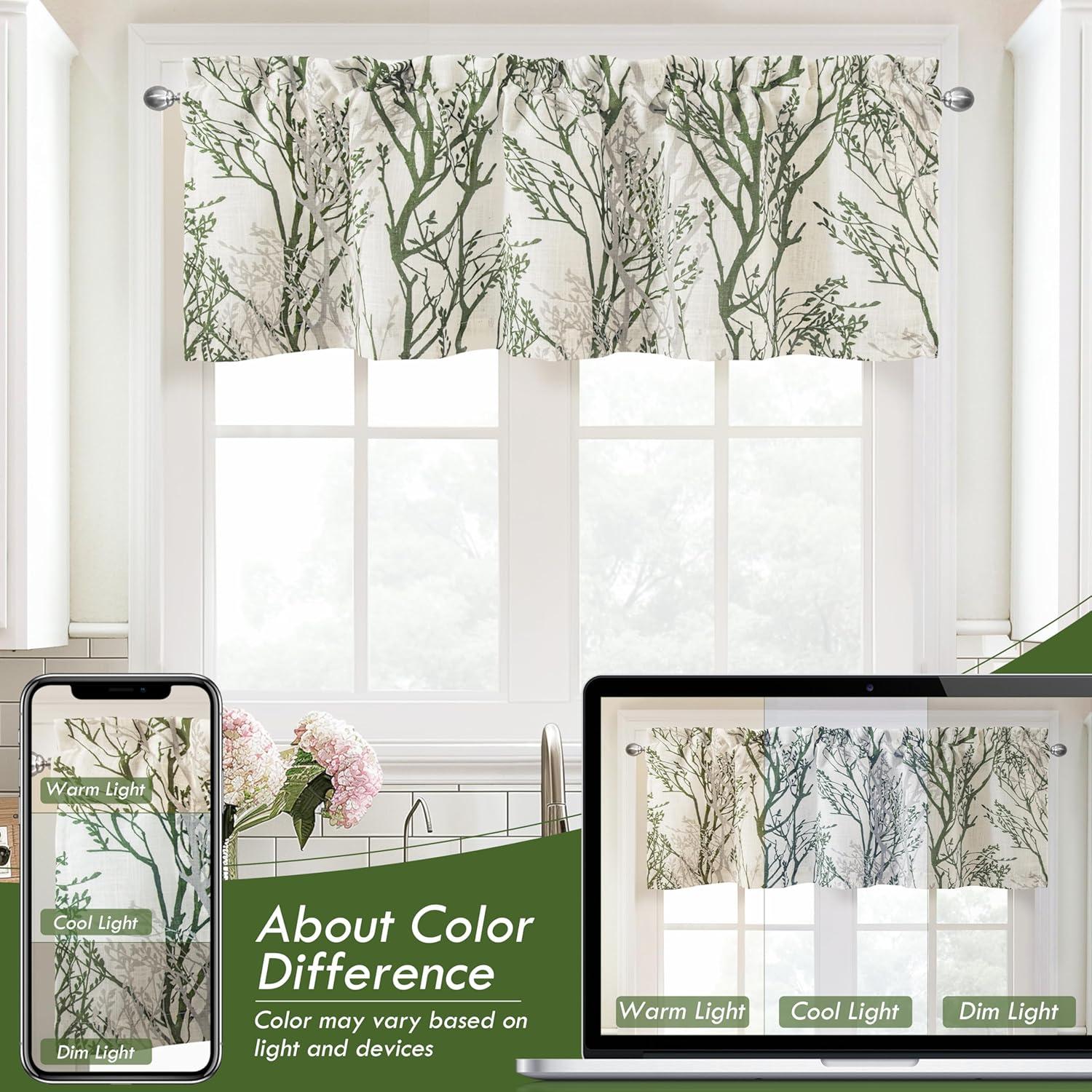 imageDriftAway Tree Branch Linen Lined Valance Double Layer Thermal Insulated Room Darkening Blackout Valances 3 Inch Rod Pocket Short Window Valance for Living Room Bathroom 52 Inch by 14 Inch BlueLoden Green