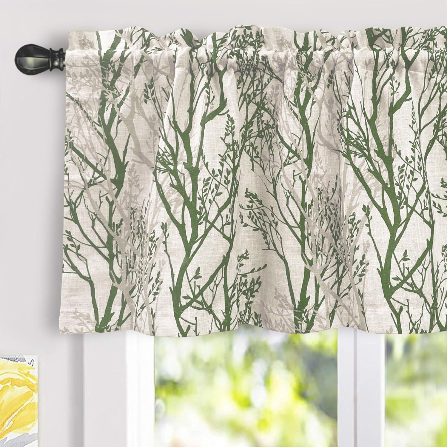 imageDriftAway Tree Branch Linen Lined Valance Double Layer Thermal Insulated Room Darkening Blackout Valances 3 Inch Rod Pocket Short Window Valance for Living Room Bathroom 52 Inch by 14 Inch BlueLoden Green