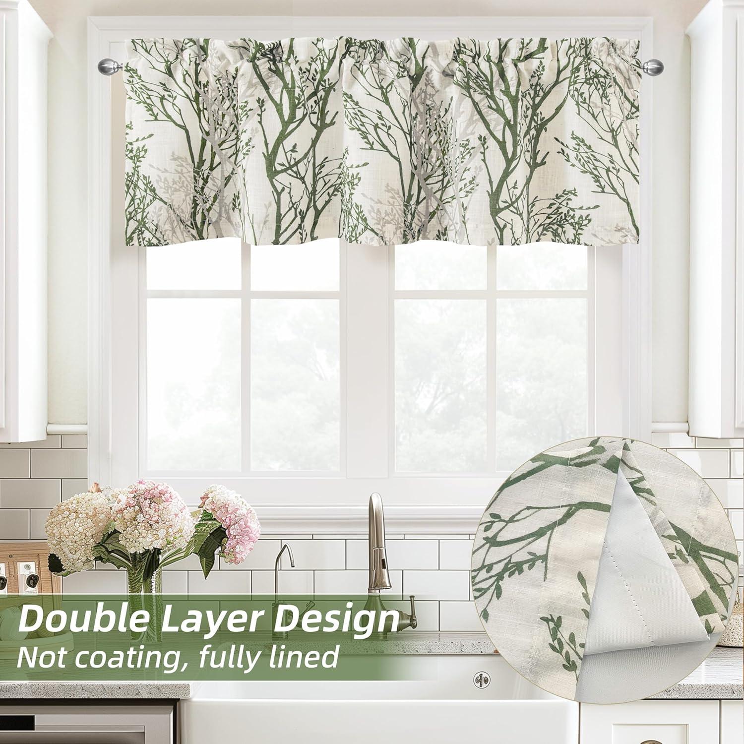 imageDriftAway Tree Branch Linen Lined Valance Double Layer Thermal Insulated Room Darkening Blackout Valances 3 Inch Rod Pocket Short Window Valance for Living Room Bathroom 52 Inch by 14 Inch BlueLoden Green