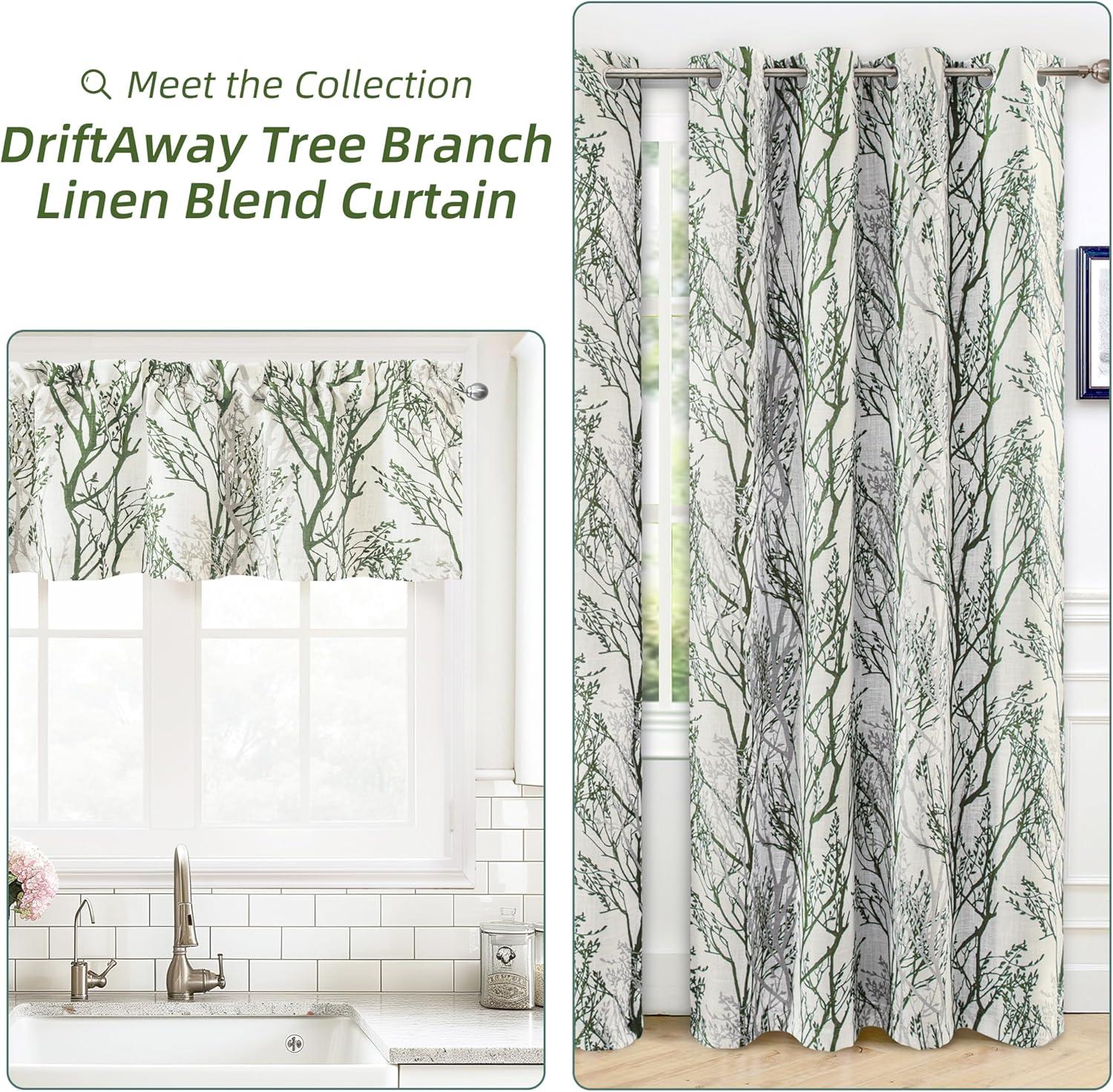 imageDriftAway Tree Branch Linen Lined Valance Double Layer Thermal Insulated Room Darkening Blackout Valances 3 Inch Rod Pocket Short Window Valance for Living Room Bathroom 52 Inch by 14 Inch BlueLoden Green