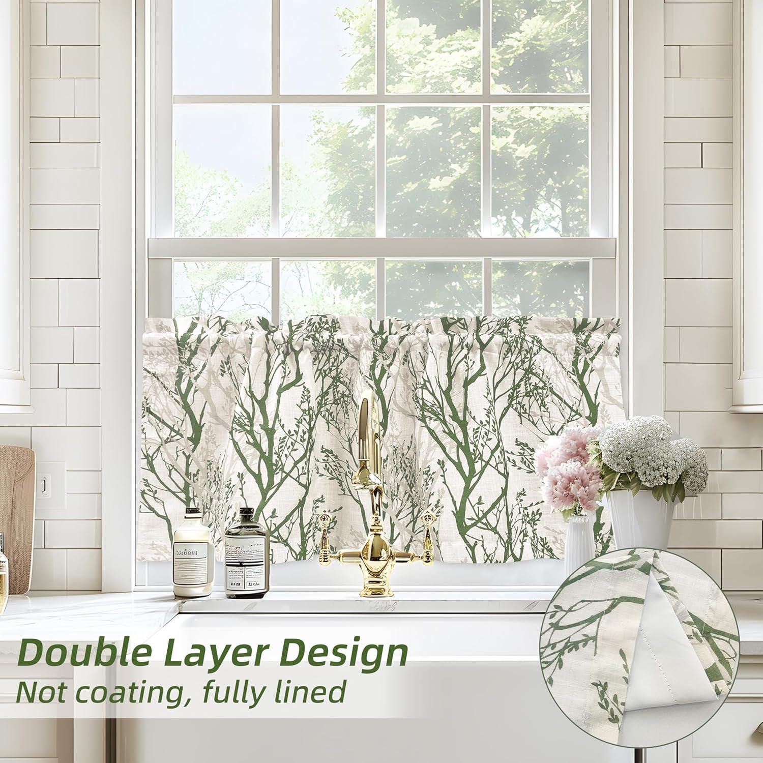 imageDriftAway Tree Branch Linen Lined Valance Double Layer Thermal Insulated Room Darkening Blackout Valances 3 Inch Rod Pocket Short Window Valance for Living Room Bathroom 52 Inch by 14 Inch BlueLoden Green