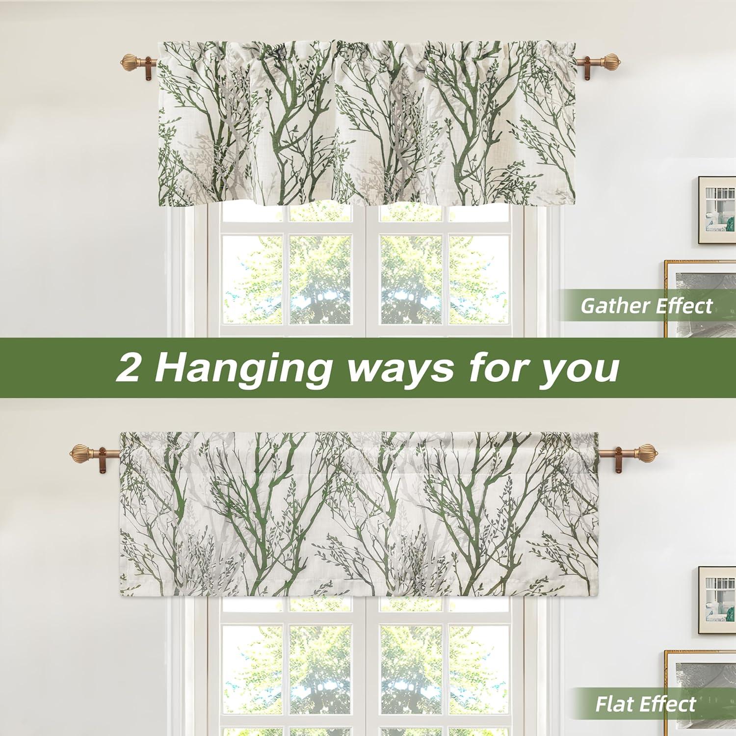 imageDriftAway Tree Branch Linen Lined Valance Double Layer Thermal Insulated Room Darkening Blackout Valances 3 Inch Rod Pocket Short Window Valance for Living Room Bathroom 52 Inch by 14 Inch BlueLoden Green
