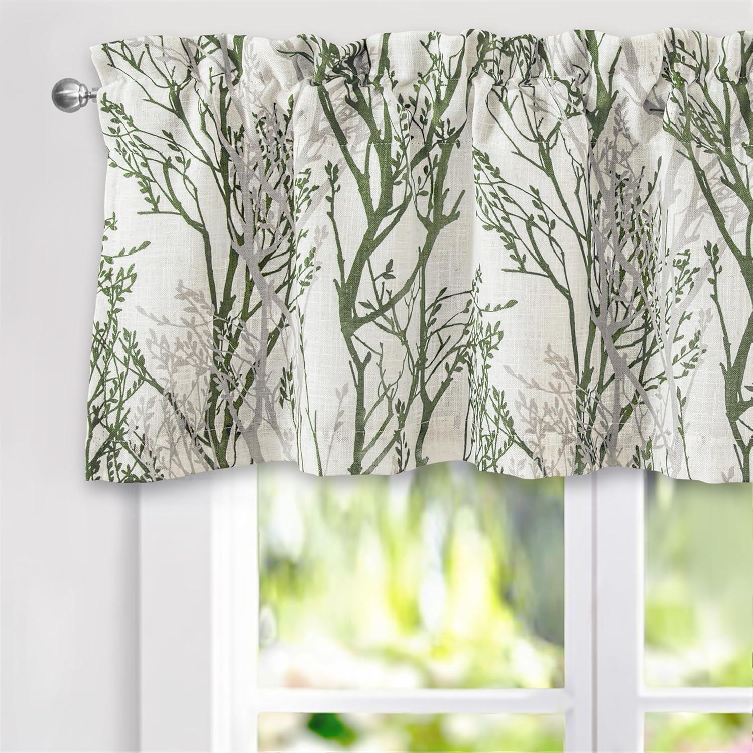 imageDriftAway Tree Branch Linen Lined Valance Double Layer Thermal Insulated Room Darkening Blackout Valances 3 Inch Rod Pocket Short Window Valance for Living Room Bathroom 52 Inch by 14 Inch BlueLoden Green