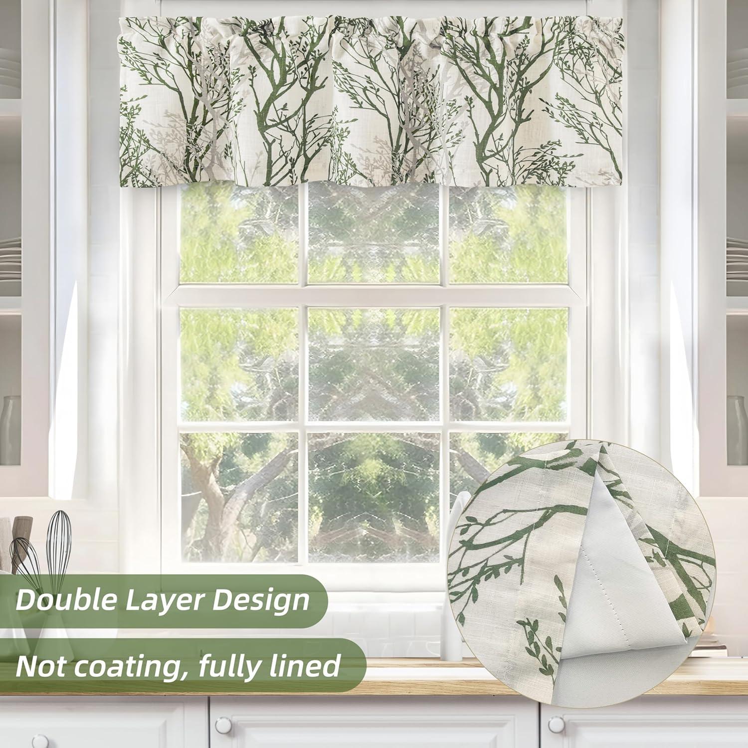 imageDriftAway Tree Branch Linen Lined Valance Double Layer Thermal Insulated Room Darkening Blackout Valances 3 Inch Rod Pocket Short Window Valance for Living Room Bathroom 52 Inch by 14 Inch BlueLoden Green