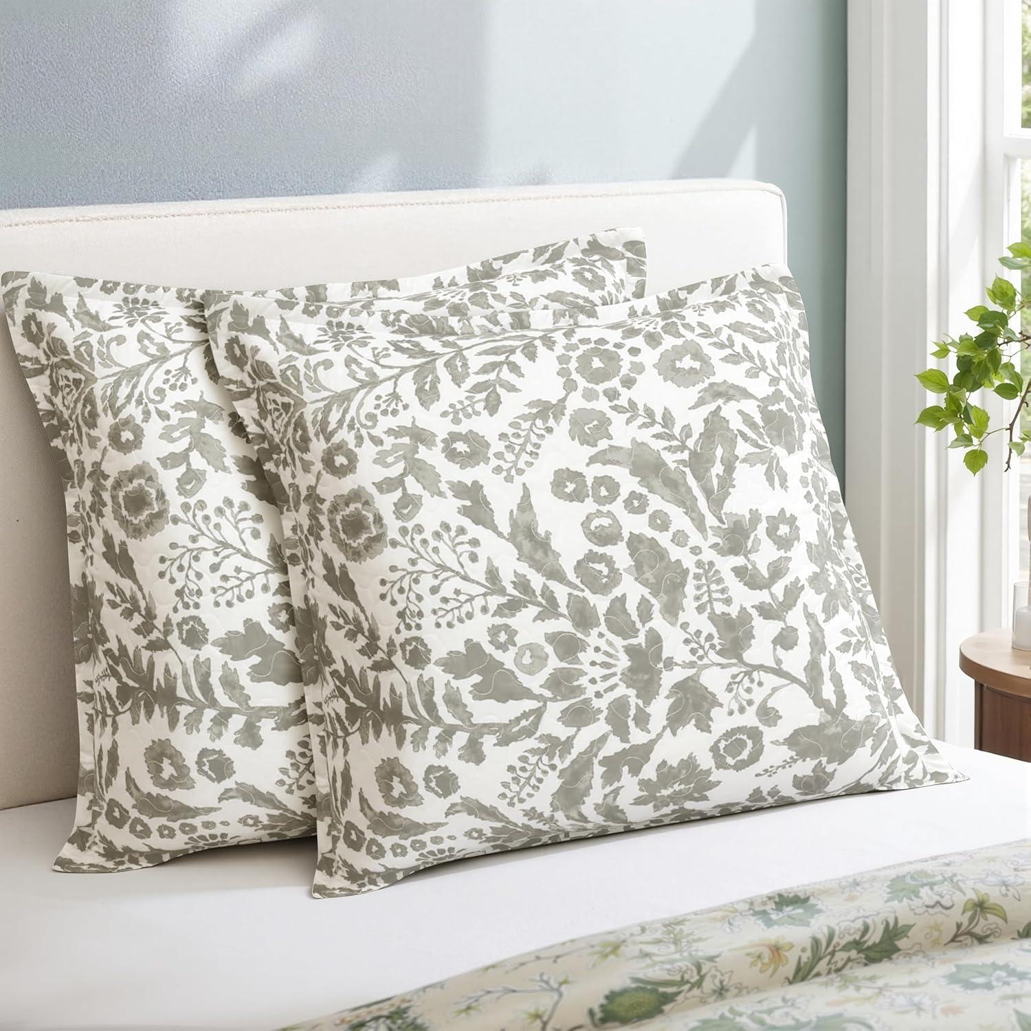 imageDriftAway Julia Watercolor Blackout Room Darkening Lined Thermal Insulated Curtains 2 Panels Each Size 52 x 84 Inch ampamp Blooming Flower Floral Printed Quilted Pillow Covers 26 x 26 Inch 2PC Gray