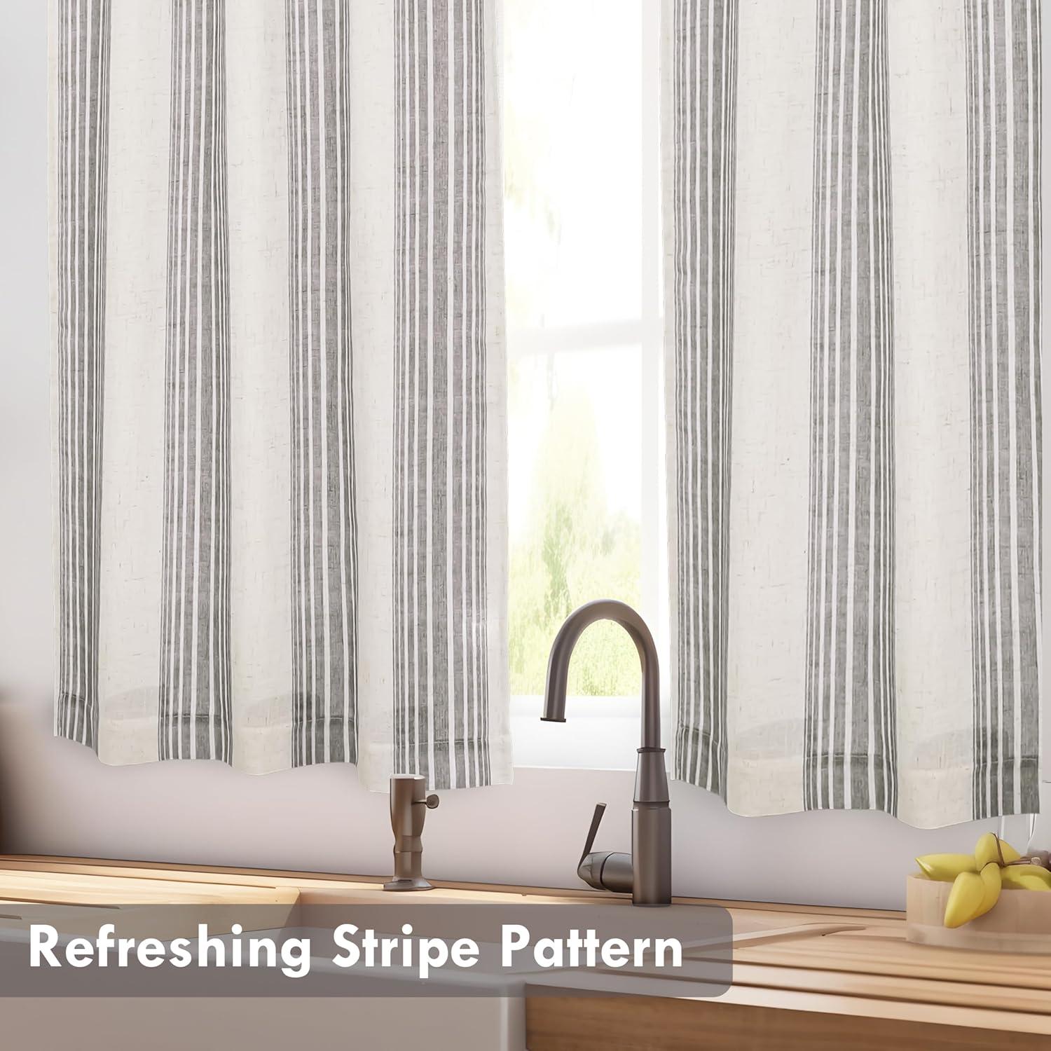 imageDriftAway Kitchen Tier Curtains Striped Linen Short Pinstripe Cafe Curtains 36 Inch Length for Living Room Bathroom Chris Farmhouse Rustic Rod Pocket 2 Panels Jade GreenChris Gray
