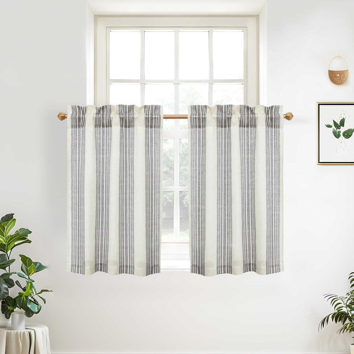 imageDriftAway Kitchen Tier Curtains Striped Linen Short Pinstripe Cafe Curtains 36 Inch Length for Living Room Bathroom Chris Farmhouse Rustic Rod Pocket 2 Panels Jade GreenChris Gray