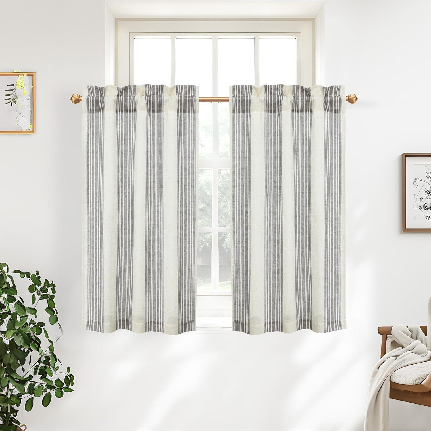 imageDriftAway Kitchen Tier Curtains Striped Linen Short Pinstripe Cafe Curtains 36 Inch Length for Living Room Bathroom Chris Farmhouse Rustic Rod Pocket 2 Panels Jade GreenChris Gray