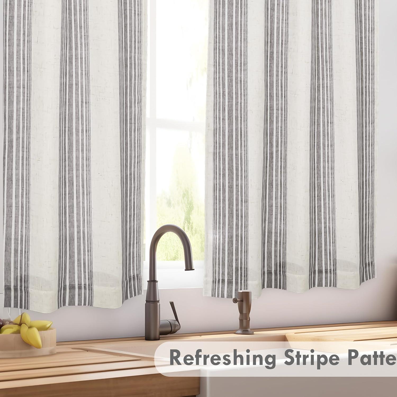 imageDriftAway Kitchen Tier Curtains Striped Linen Short Pinstripe Cafe Curtains 36 Inch Length for Living Room Bathroom Chris Farmhouse Rustic Rod Pocket 2 Panels Jade GreenChris Gray