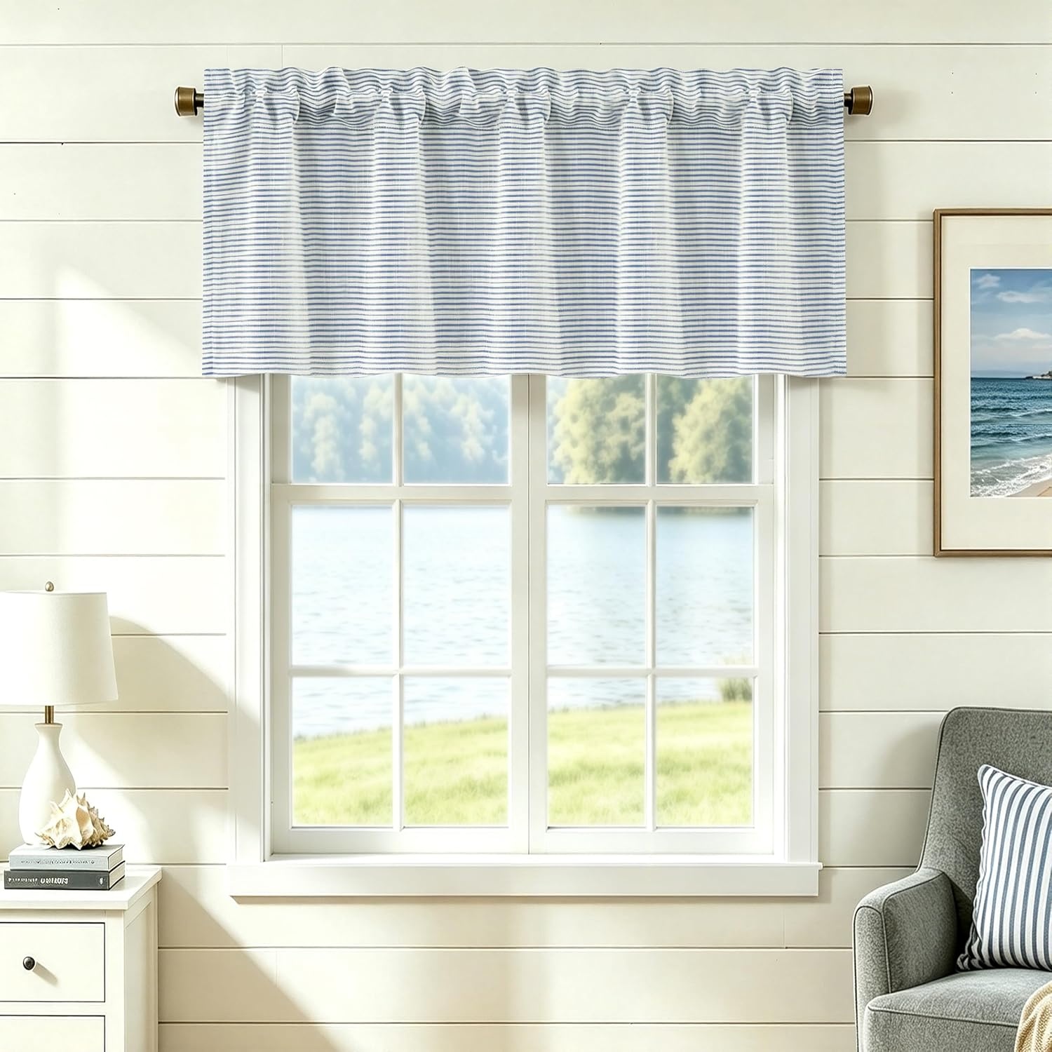 image:imageDriftAway Blackout Ticking Striped Curtain Valance 18 Inches Loden Green Double Layer Farmhouse Country Rustic Stripe Yarn Dyed Woven Thermal Insulated Rod Pocket Valance for Living RoomTickingnavy