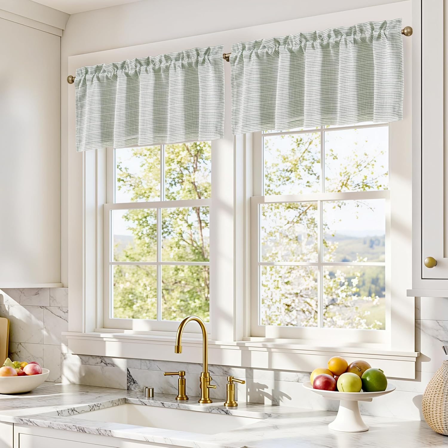 image:imageDriftAway Blackout Ticking Striped Curtain Valance 18 Inches Loden Green Double Layer Farmhouse Country Rustic Stripe Yarn Dyed Woven Thermal Insulated Rod Pocket Valance for Living RoomTickingloden Green