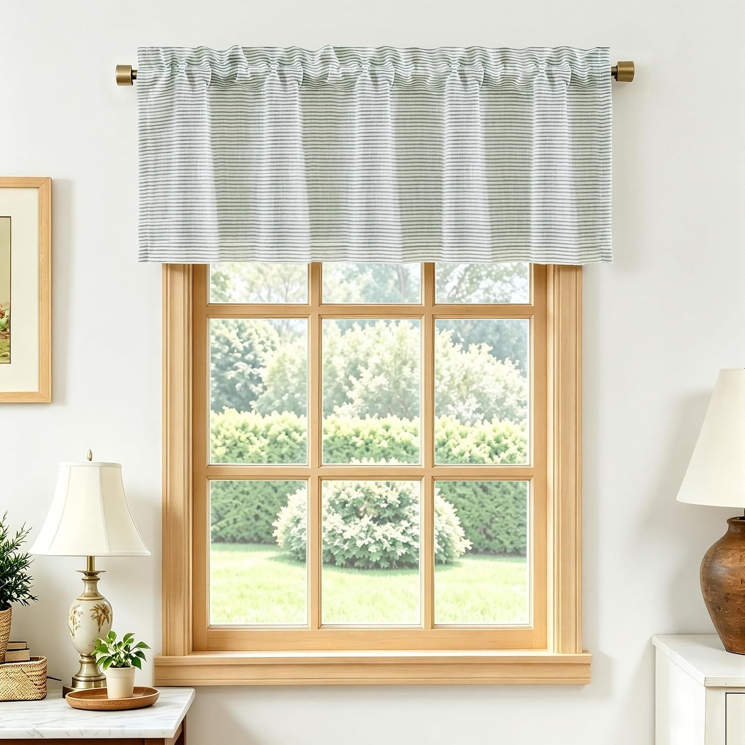 image:imageDriftAway Blackout Ticking Striped Curtain Valance 18 Inches Loden Green Double Layer Farmhouse Country Rustic Stripe Yarn Dyed Woven Thermal Insulated Rod Pocket Valance for Living RoomTickingloden Green