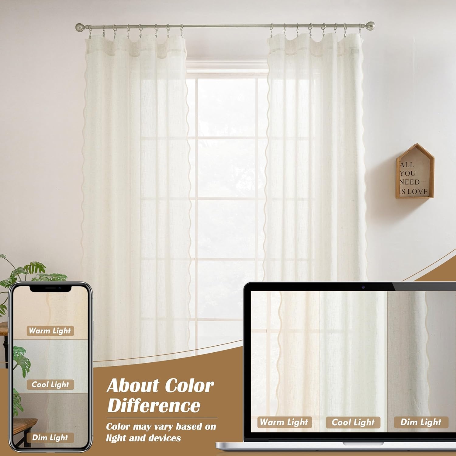 image:imageDriftAway Semi Sheer Scalloped Edge White Coastal Beach Window Curtains for Living Room Bedroom 2 Panels Rod Pocket Each Size 52 Inch by 90 Inch PinkLinen Taupe