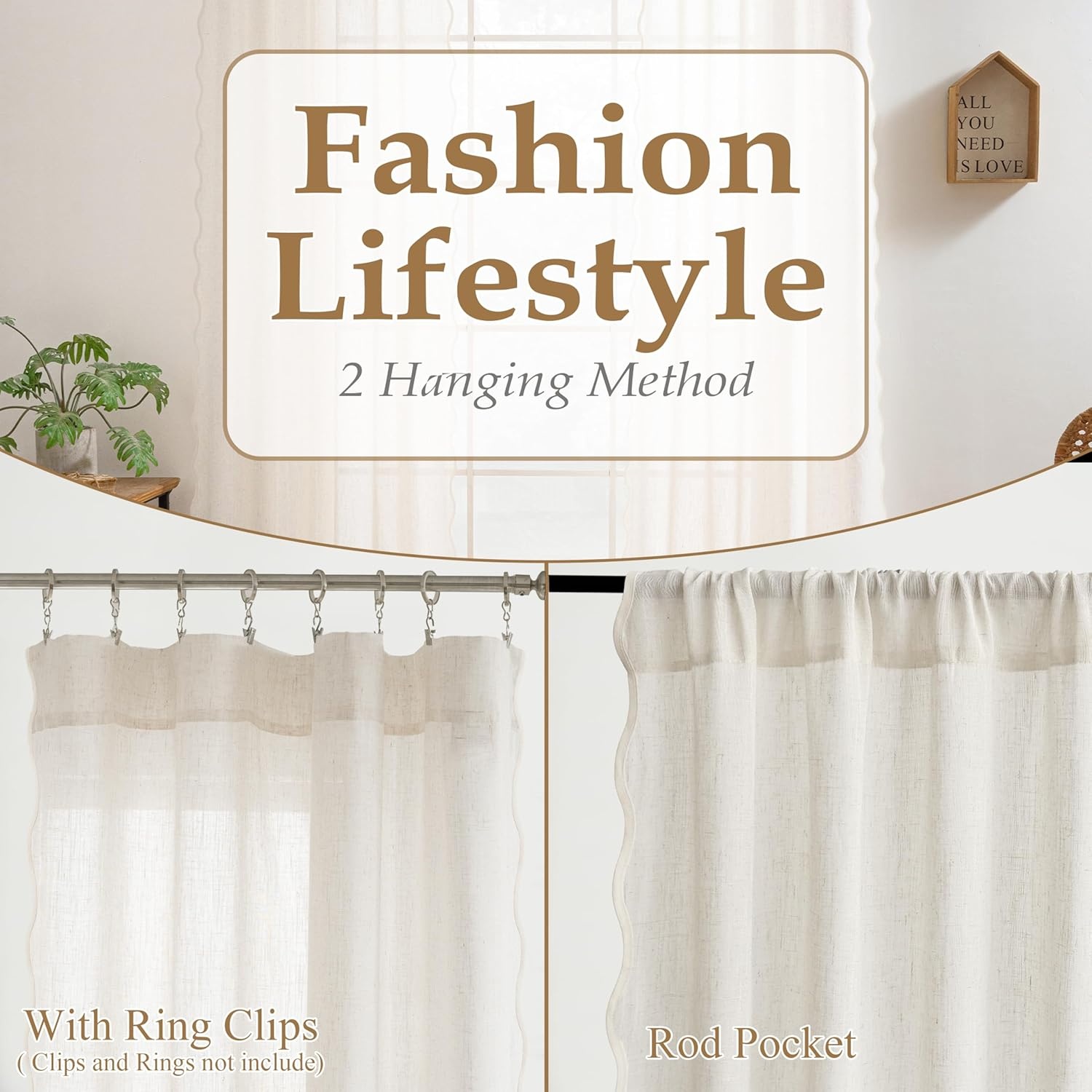 image:imageDriftAway Semi Sheer Scalloped Edge White Coastal Beach Window Curtains for Living Room Bedroom 2 Panels Rod Pocket Each Size 52 Inch by 90 Inch PinkLinen Taupe